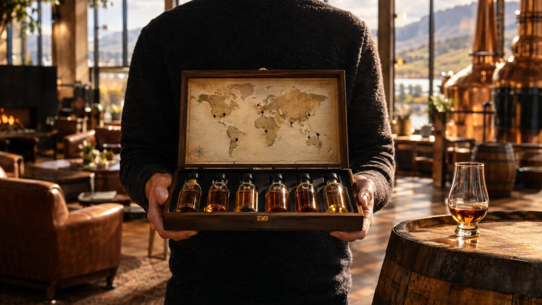 Whisky-Weltreise mit Flaviar Gründer mit Whisky-Tasting-Set, Weltkarte und Nosing-Glas in einer Destillerie-Lounge
