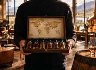 Gründer mit Whisky-Tasting-Set, Weltkarte und Nosing-Glas in einer Destillerie-Lounge