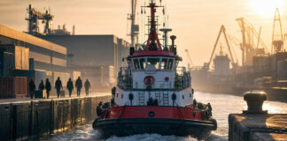 Schlepper im Hamburger Hafen mit Silhouetten junger Gründerteams am Kai