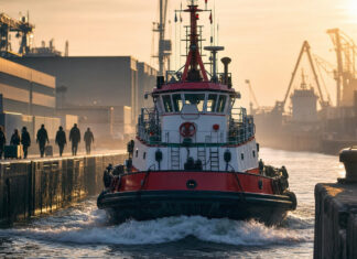 Schlepper im Hamburger Hafen mit Silhouetten junger Gründerteams am Kai