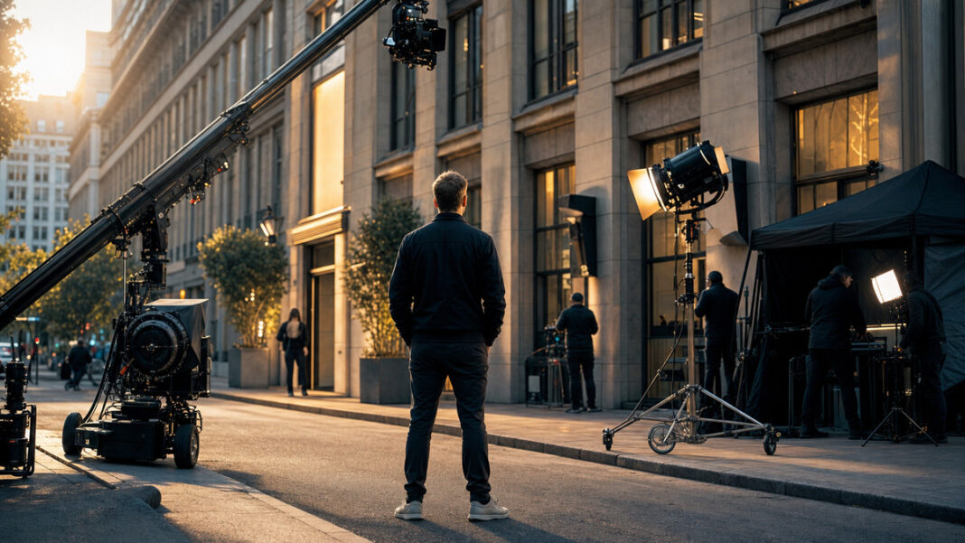 Video-Shoot für modernes Marketing Gründer vor Stadtfassade bei Videoaufnahmen für eine Marketingkampagne im Abendlicht