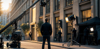 Gründer vor Stadtfassade bei Videoaufnahmen für eine Marketingkampagne im Abendlicht