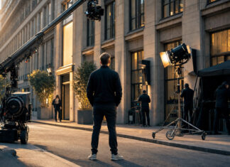 Gründer vor Stadtfassade bei Videoaufnahmen für eine Marketingkampagne im Abendlicht
