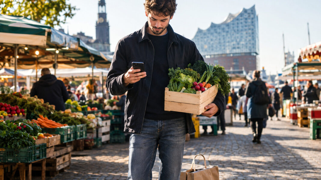 Gründer mit Smartphone und Gemüsekiste auf einem Hamburger Wochenmarkt neben einem Lieferbeutel