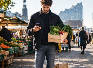 Gründer mit Smartphone und Gemüsekiste auf einem Hamburger Wochenmarkt neben einem Lieferbeutel