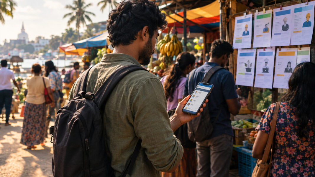 Gründer hält ein Smartphone mit Job-App auf einem Markt in Sri Lanka, daneben Bewerber und Stellenanzeigen