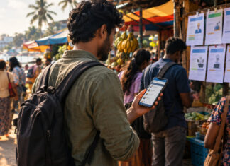 Gründer hält ein Smartphone mit Job-App auf einem Markt in Sri Lanka, daneben Bewerber und Stellenanzeigen