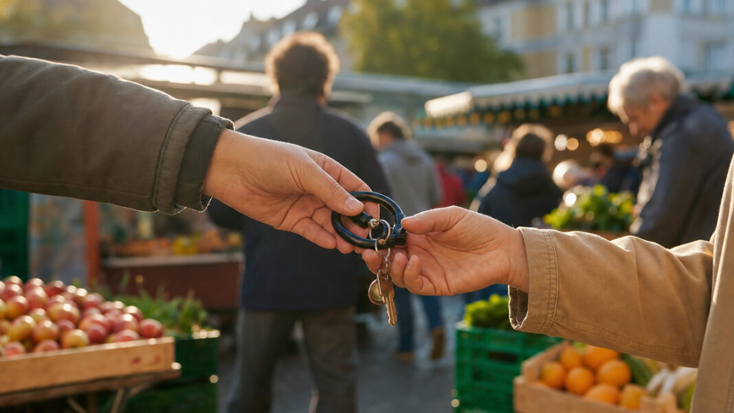 Nachbarschaft verbindet auf dem Wochenmarkt Zwei Hände übergeben auf einem Wochenmarkt ein Fahrradschloss mit Schlüsselbund im warmen Morgenlicht.
