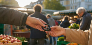 Zwei Hände übergeben auf einem Wochenmarkt ein Fahrradschloss mit Schlüsselbund im warmen Morgenlicht.