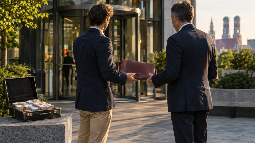 Investor gewinnt Gründerhand übergibt Ledermappe an Investor; offener Koffer mit Geldscheinen im Vordergrund