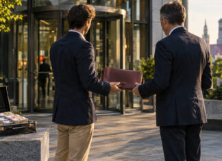 Gründerhand übergibt Leder­mappe an Investor; offener Koffer mit Geldscheinen im Vordergrund