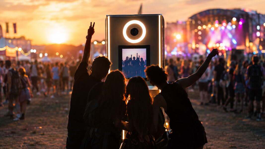 SelfieBox bei einem Event, Besucher posieren davor, warmes Abendlicht