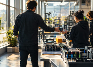 Von hinten überreichte Modulbausteine zwischen einem Projektleiter und einem Entwicklungsteam in hellem Tageslicht
