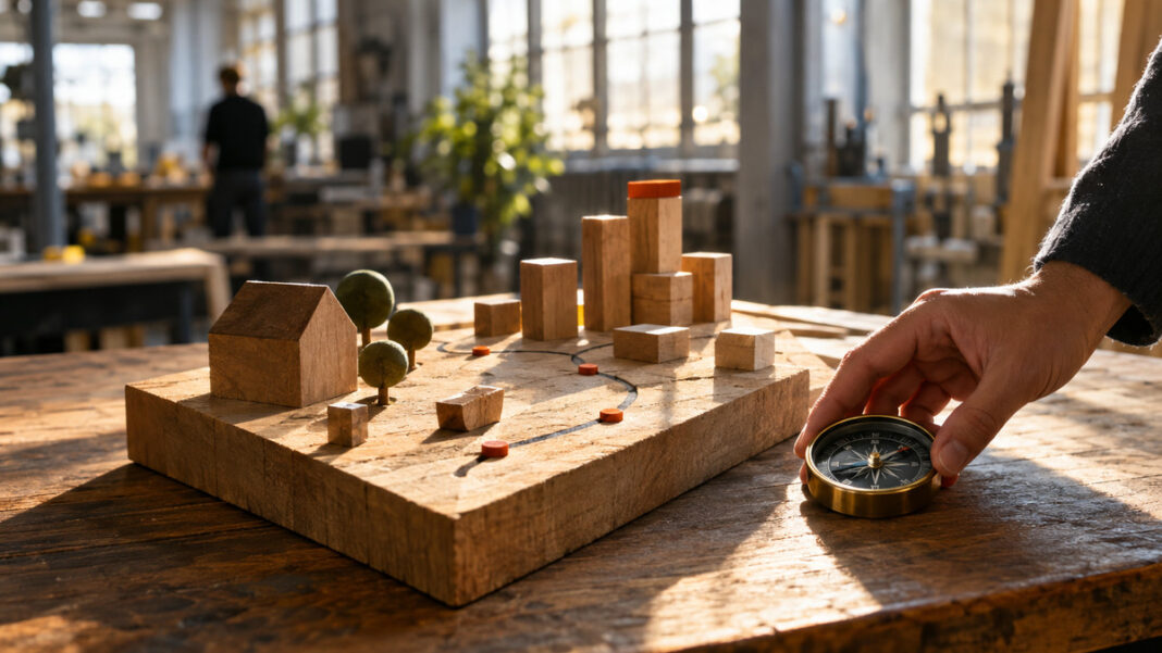 Holzmodell und Kompass auf einem Tisch in einer Werkhalle bei Tageslicht