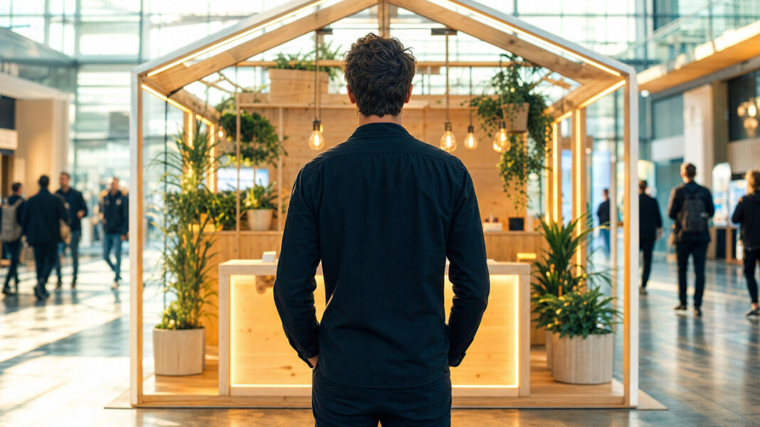 Startup-Chance auf der CeBIT Gründer von hinten vor einem Startup-Stand in der Messehalle, helles Tageslicht durch Glasfronten