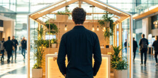 Gründer von hinten vor einem Startup-Stand in der Messehalle, helles Tageslicht durch Glasfronten