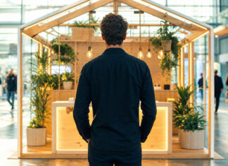 Gründer von hinten vor einem Startup-Stand in der Messehalle, helles Tageslicht durch Glasfronten