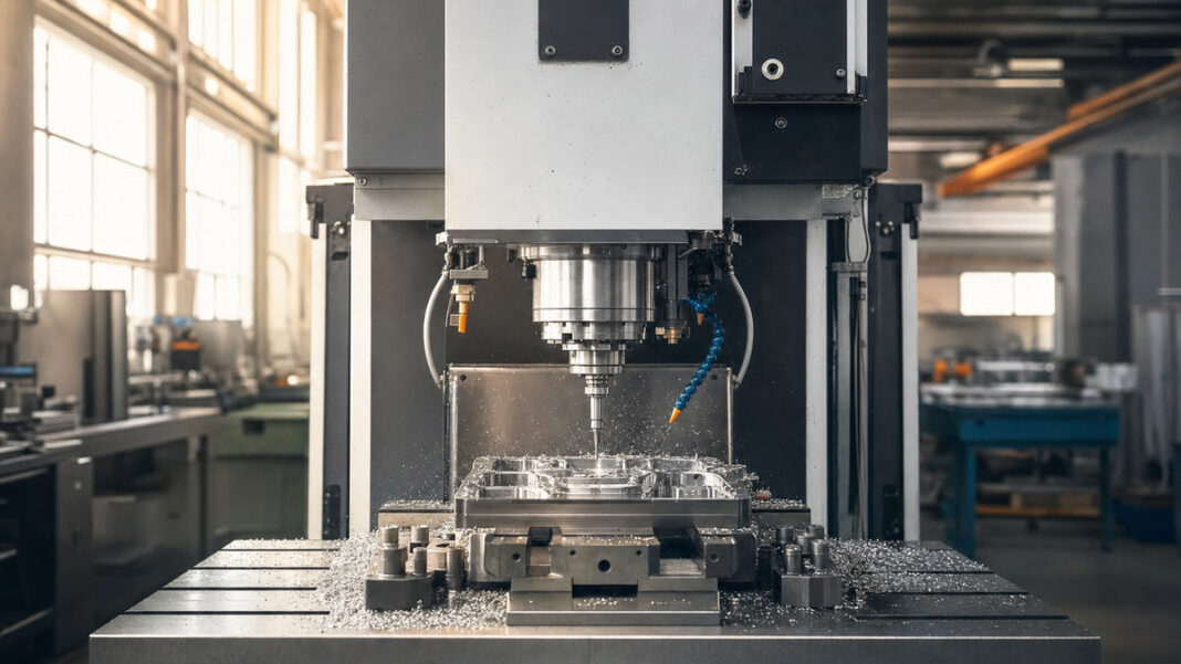 CNC-Fräse in moderner Werkstatt CNC-Fräse bearbeitet Metallteil in heller Werkstatt bei natürlichem Licht