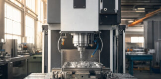 CNC-Fräse bearbeitet Metallteil in heller Werkstatt bei natürlichem Licht