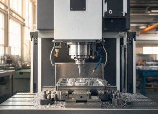 CNC-Fräse bearbeitet Metallteil in heller Werkstatt bei natürlichem Licht