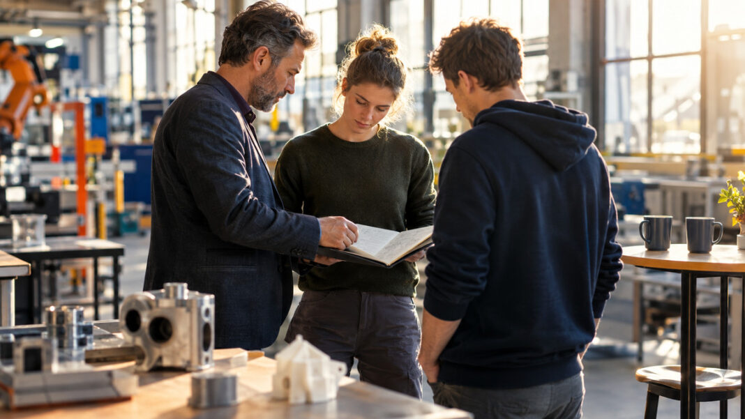 Mentoring zwischen Mittelstand und Startups Erfahrener Unternehmer berät zwei Gründer in einer hellen Industriehalle neben Prototypen.
