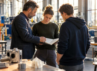 Erfahrener Unternehmer berät zwei Gründer in einer hellen Industriehalle neben Prototypen.