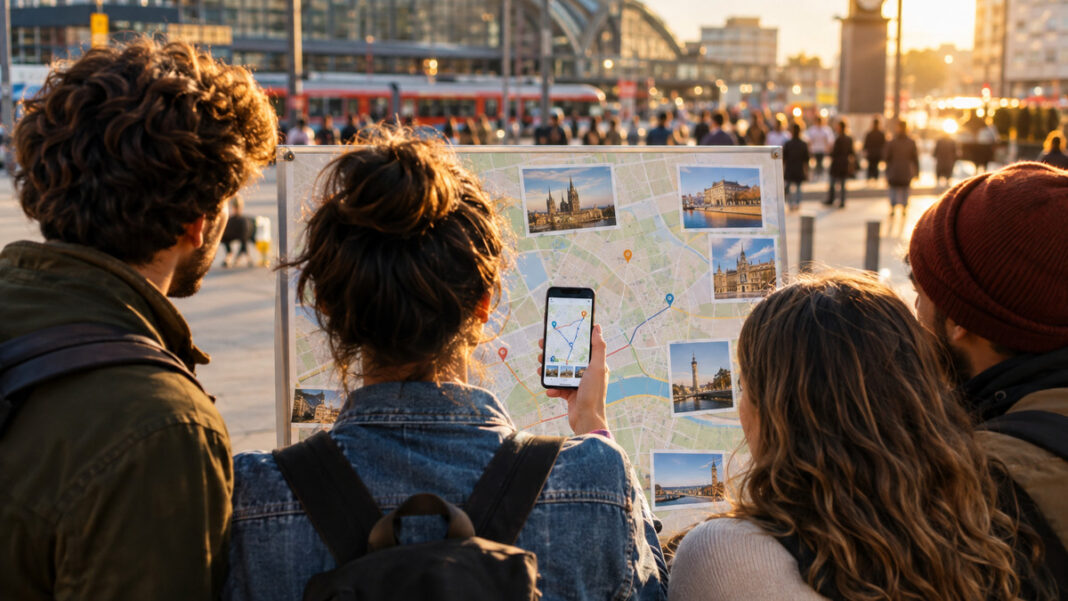 Community plant die Reise Reisegruppe wählt gemeinsam am Bahnhofsvorplatz eine Route auf dem Smartphone aus