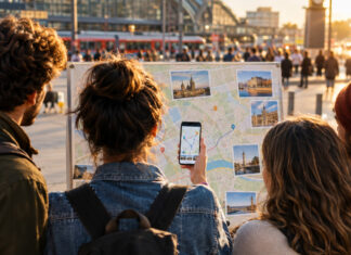 Reisegruppe wählt gemeinsam am Bahnhofsvorplatz eine Route auf dem Smartphone aus