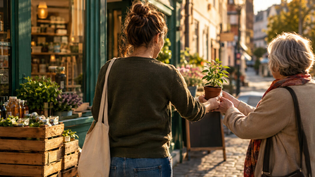 Social Impact für Startups Gründerin überreicht vor einem Laden einer älteren Frau einen kleinen Pflanztopf