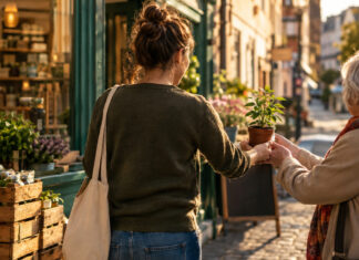 Gründerin überreicht vor einem Laden einer älteren Frau einen kleinen Pflanztopf