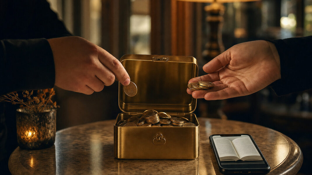 Pocket-Investment Offenes Messing-Geldkästchen, Hände mit Münzen und Smartphone mit Lese-App im warmen Seitenlicht