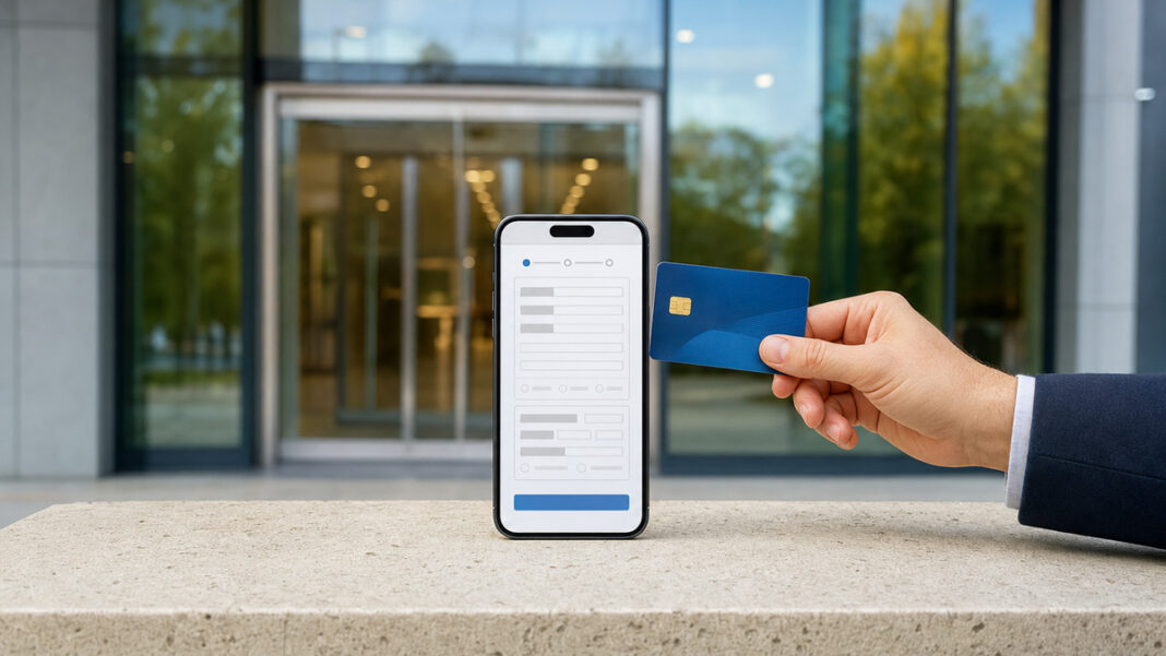 Online-Kredit vor der Bank Smartphone mit Online-Kreditantrag vor einer Bankfiliale, daneben eine Hand mit EC-Karte