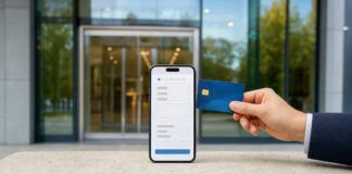 Smartphone mit Online-Kreditantrag vor einer Bankfiliale, daneben eine Hand mit EC-Karte