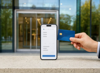 Smartphone mit Online-Kreditantrag vor einer Bankfiliale, daneben eine Hand mit EC-Karte