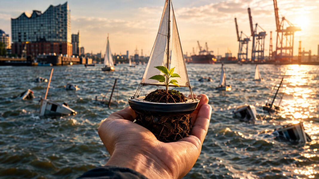 Segelboot im Hafen Hand setzt ein kleines Segelboot ins Hafenbecken, viele Boote treiben im Hintergrund