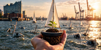 Hand setzt ein kleines Segelboot ins Hafenbecken, viele Boote treiben im Hintergrund