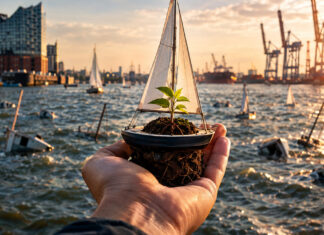Hand setzt ein kleines Segelboot ins Hafenbecken, viele Boote treiben im Hintergrund