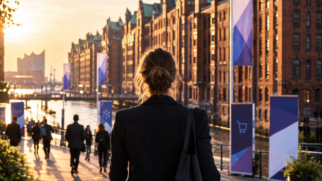 Speicherstadt in Hamburg mit Konferenzbanner, Gründerin von hinten und ankommenden Teilnehmenden