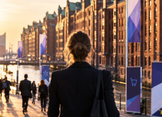 Speicherstadt in Hamburg mit Konferenzbanner, Gründerin von hinten und ankommenden Teilnehmenden