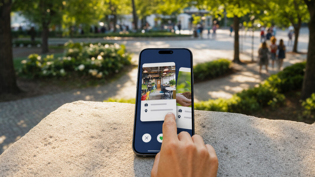 SelfieJobs im Stadtpark Hand wischt auf einem Smartphone in einer Job-App im Stadtpark.