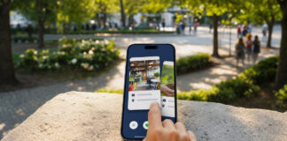 Hand wischt auf einem Smartphone in einer Job-App im Stadtpark.