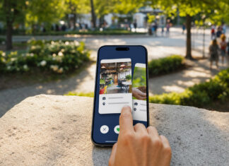 SelfieJobs: Arbeitssuche im Handyumdrehen Hand wischt auf einem Smartphone in einer Job-App im Stadtpark.