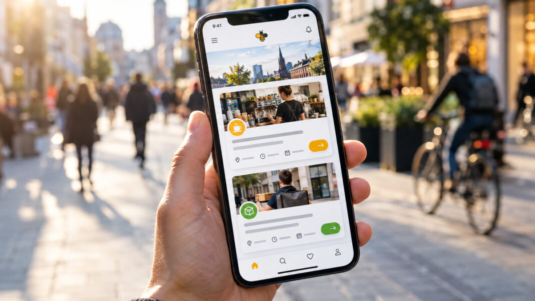 JobberBee mobile Jobsuche Hand hält Smartphone mit JobberBee-Jobsuche in der Fußgängerzone