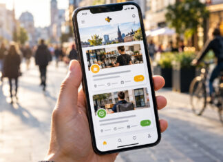 Hand hält Smartphone mit JobberBee-Jobsuche in der Fußgängerzone