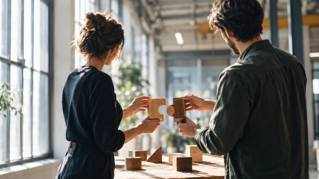 Zwei Gründer wählen in einer Industriehalle passende Holzbausteine aus