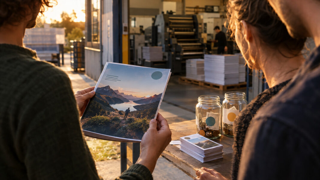 Crowdfunding für das Magazin Gründerteam vor Druckerei mit frischer Magazin-Ausgabe und Spendendosen im warmen Licht