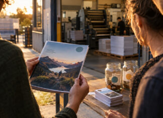 Gründerteam vor Druckerei mit frischer Magazin-Ausgabe und Spendendosen im warmen Licht