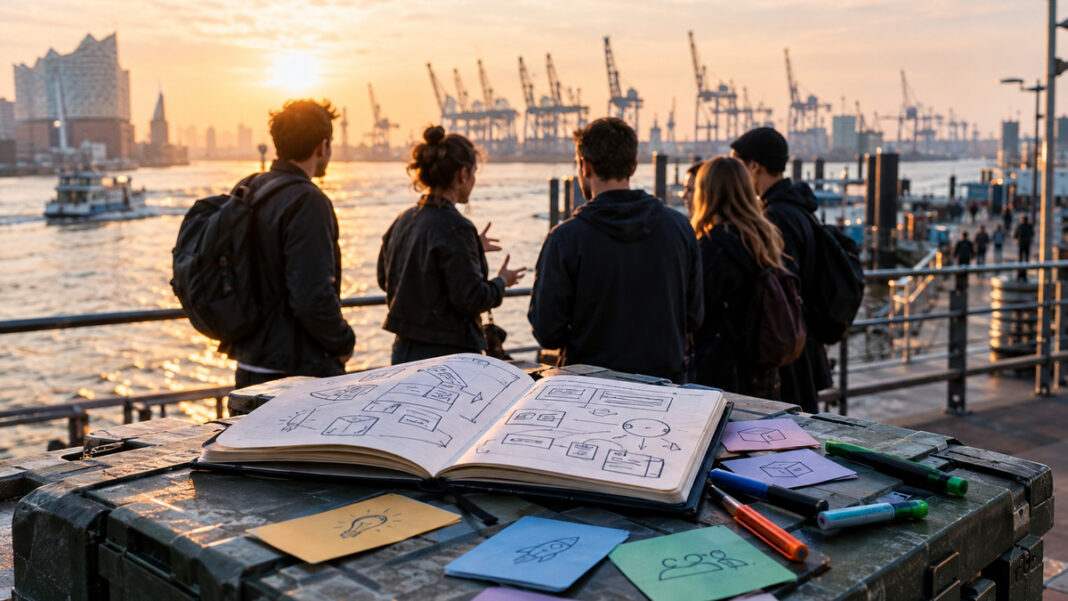 Gründergruppe an den Hamburger Landungsbrücken mit Notizblock und Karten, Hafen im Morgenlicht