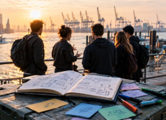 Gründergruppe an den Hamburger Landungsbrücken mit Notizblock und Karten, Hafen im Morgenlicht