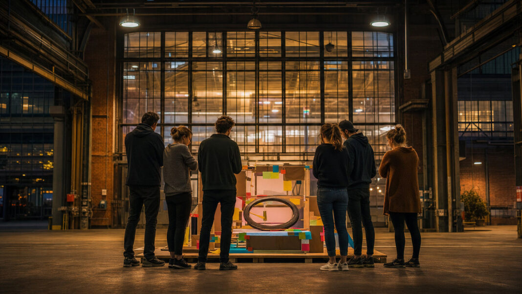 Junge Gründer stehen nachts in einer Werkhalle um einen Prototypen mit Fahrradreifen-Stück.